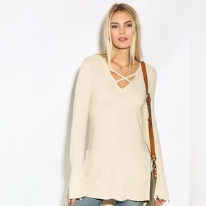 FREE PEOPLE Criss Cross Tunic Knit Sweater V Neck Tan Beige  Small